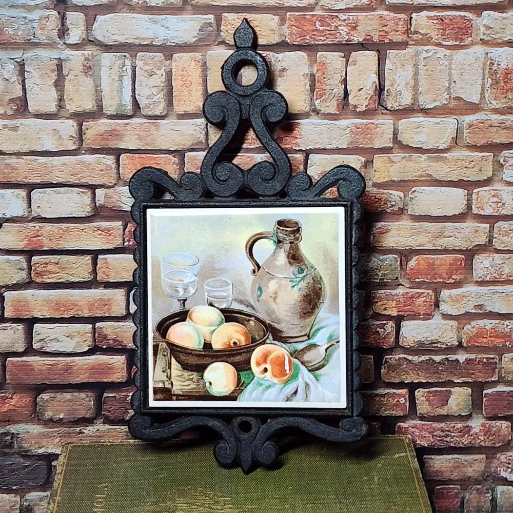 Vintage Enesco‎ Cast Iron Trivets Still Life Wall Plaques Pair Kitchen Japan MCM
